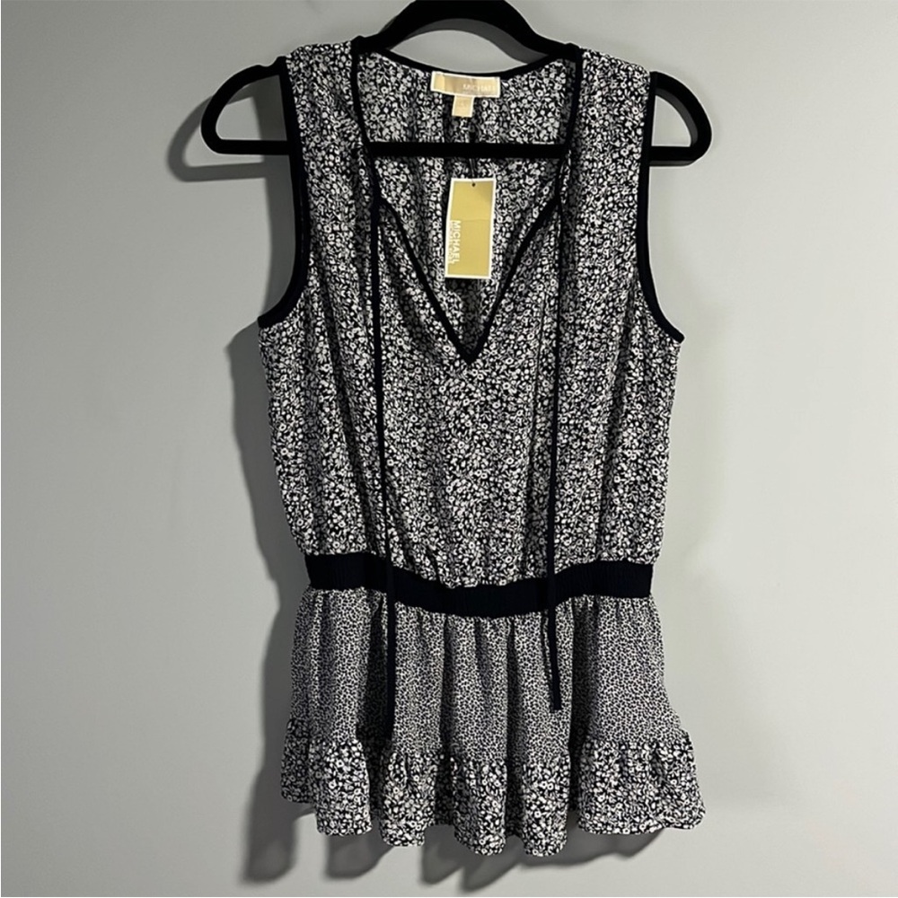 MICHAEL Michael Kors Sheer Deep Navy and White Sleeveless Floral Blouse